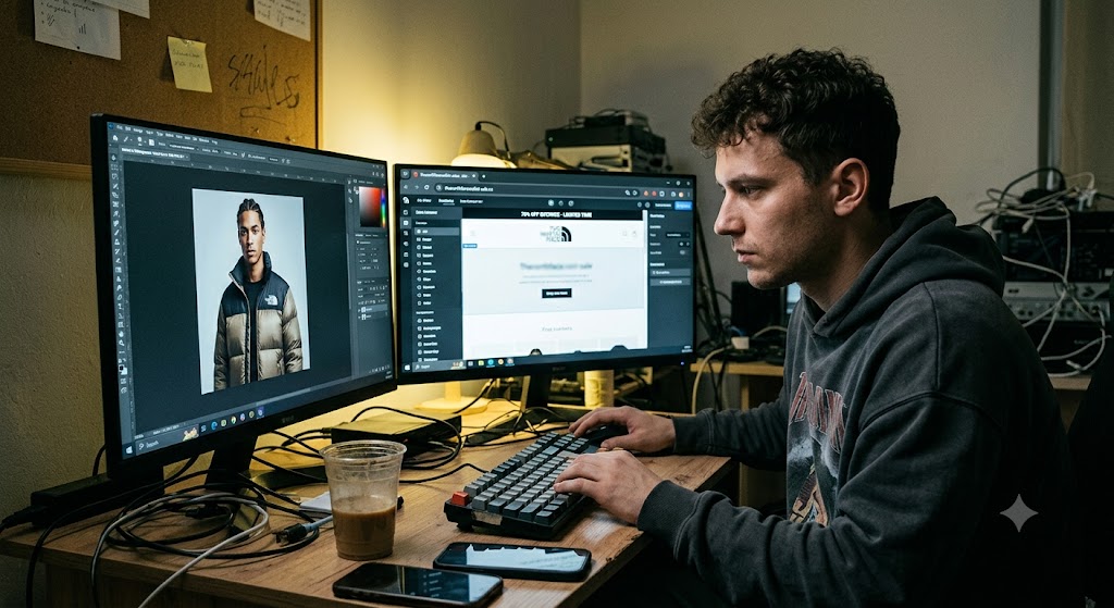 A man at dual monitors using AI tools to create realistic clothing photos and build a fake online shopping website.