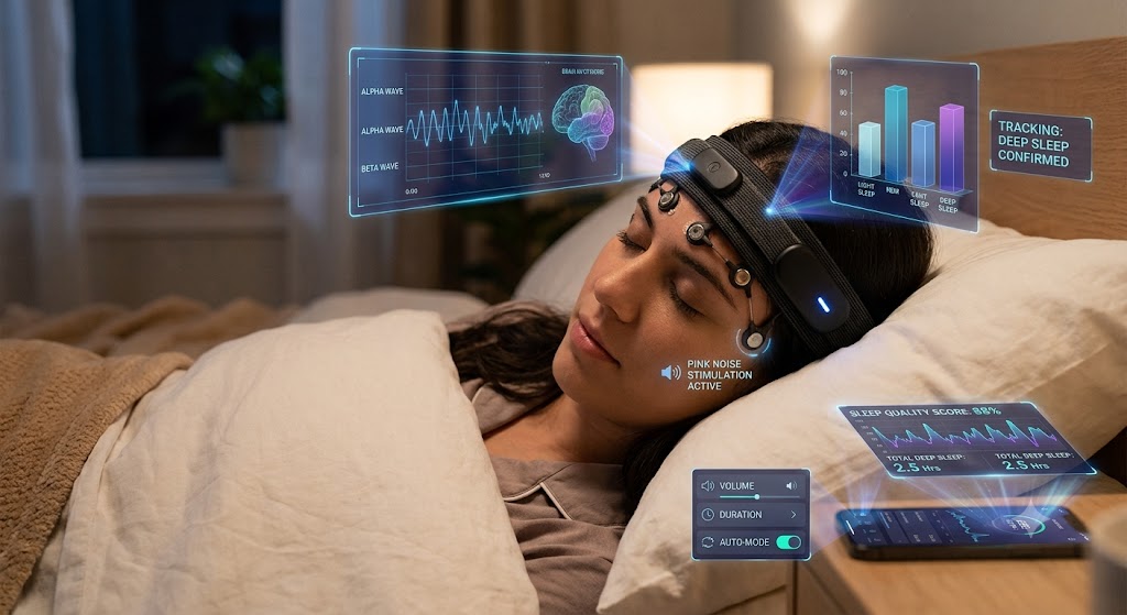A sleeping woman wears a futuristic EEG headband, surrounded by floating holograms of brain wave data, sleep stats, and settings.