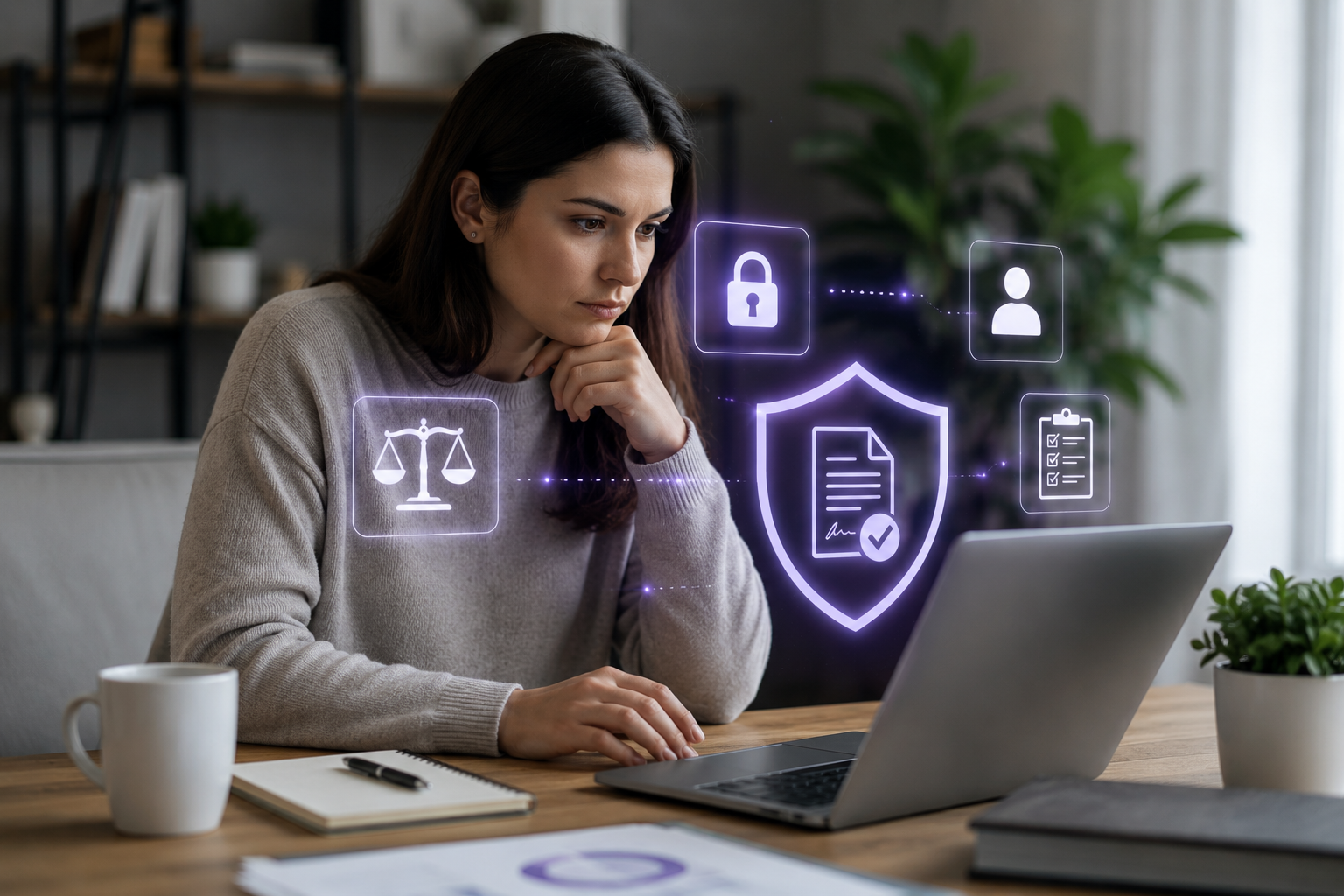 Woman reviewing legal documents on a laptop with digital security icons representing privacy, compliance, and online trust verification.
