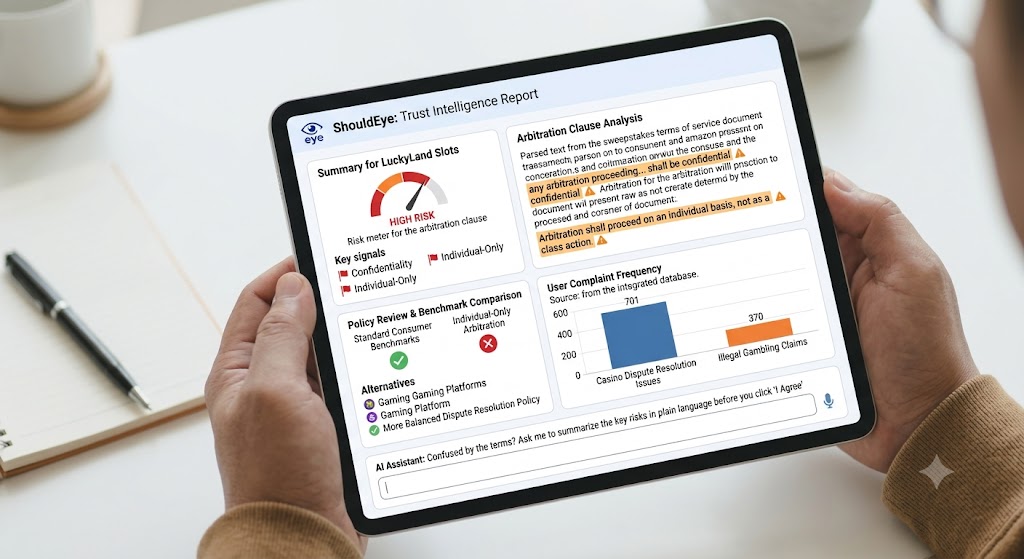 Hands holding a tablet displaying a ShouldEye Trust Intelligence Report with a high risk score and policy analysis.