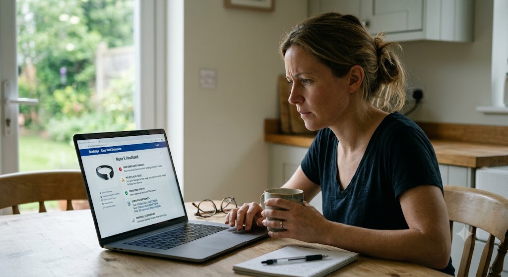 Woman sitting at a table with coffee, reviewing a sleep tracking device evaluation report on a laptop screen.