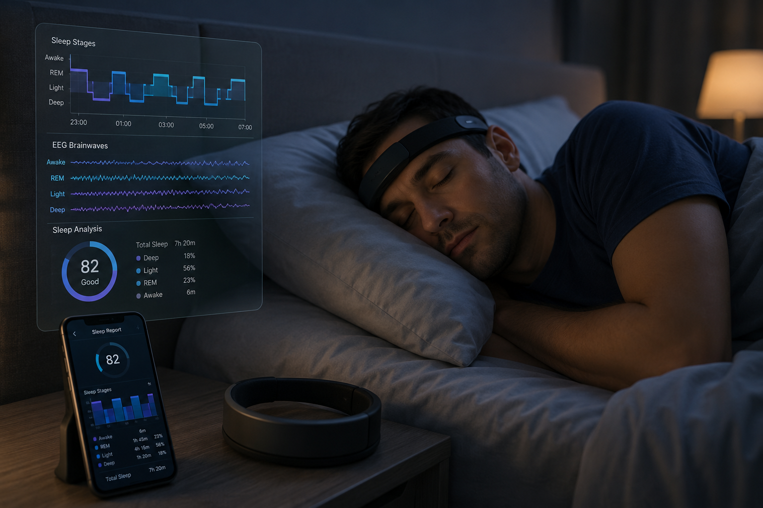 Person sleeping with an EEG headband as sleep tracking data displays on devices in a dark bedroom.