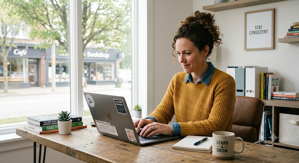Woman typing on laptop at desk by window overlooking local shops, focused on creating SEO content to build trust.
