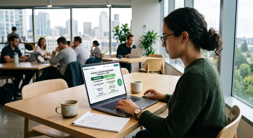 A woman working on a laptop at a table in a busy co-working space, displaying a trading platform comparison.
