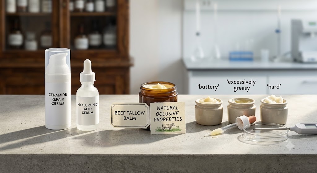 Side-by-side comparison of clinical skincare bottles and beef tallow balm jars showing three different product textures.