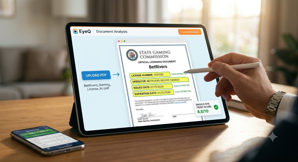 A hand holds a tablet displaying a US map with state-by-state data transparency and permit verification status.