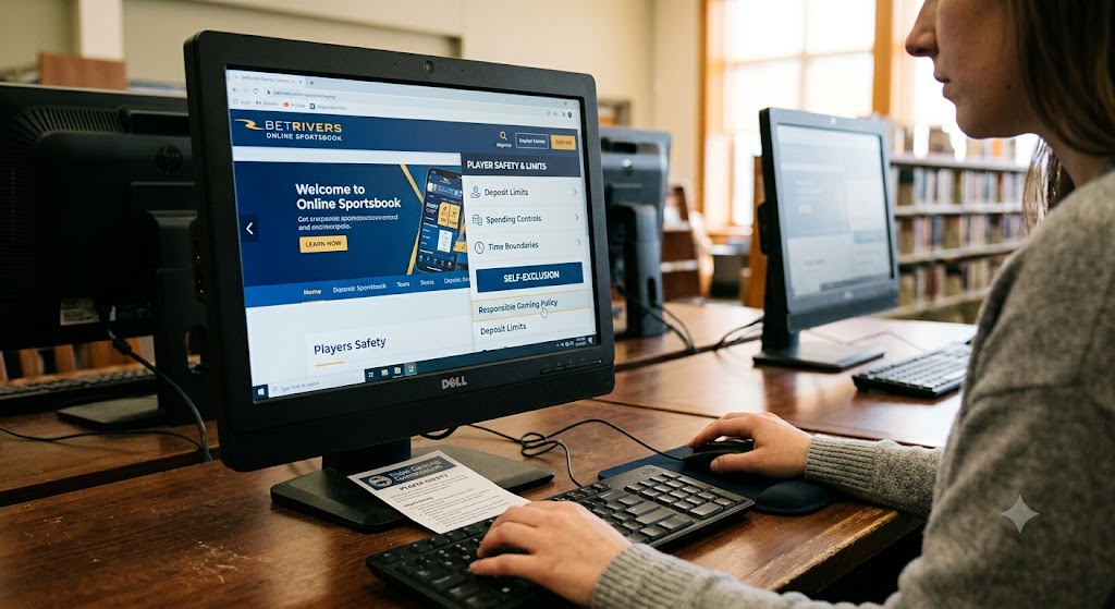 A person at a computer terminal views the BetRivers website page displaying player safety and responsible gaming options.
