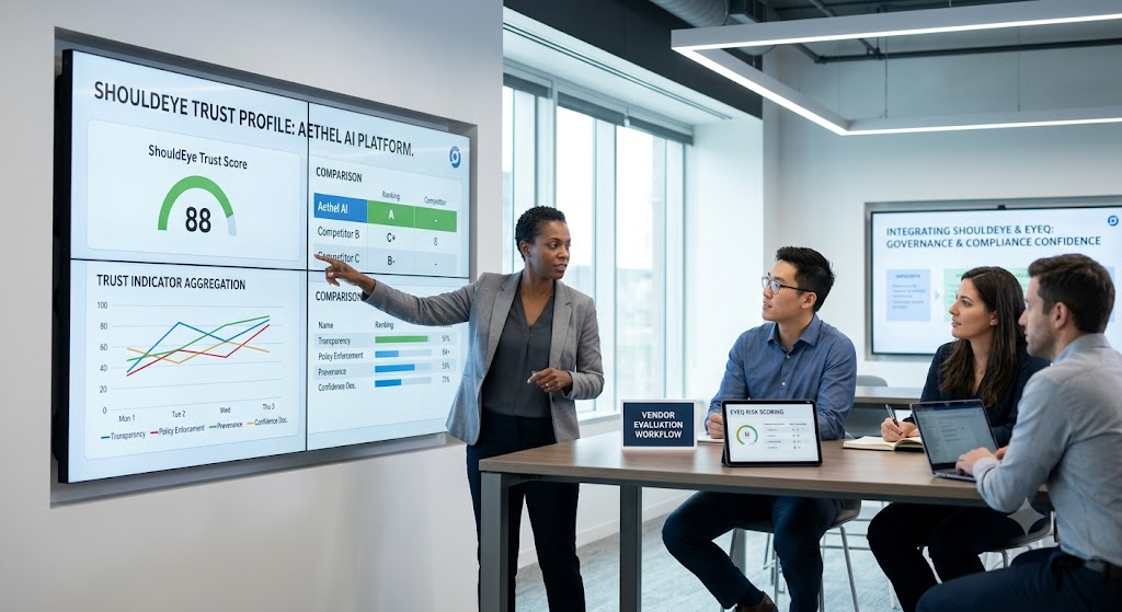 A presenter points to an AI Trust Profile on a wall screen, showing graphs and rankings to a seated corporate team.
