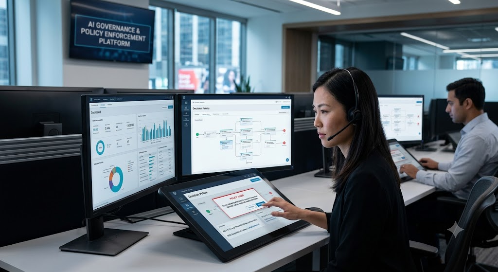 An analyst in a modern office uses a multi-monitor setup and a touch screen for an AI governance and policy platform.