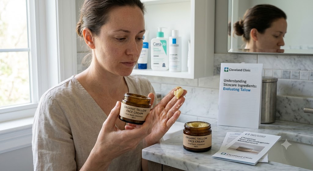 A woman inspects a jar of organic tallow face cream in her bathroom next to dermatology pamphlets on a marble counter.