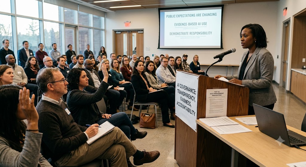 A presenter speaks on AI governance, transparency, and accountability to an audience raising hands in a seminar room.