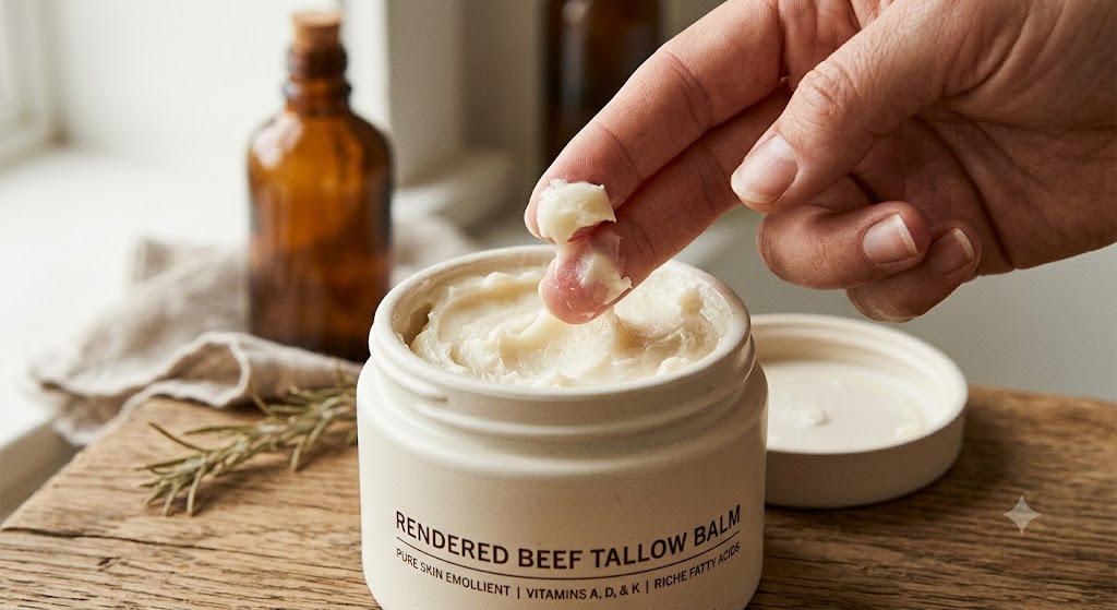 Rendered beef tallow balm in a white jar, natural skin emollient with vitamins and fatty acids, used as a moisturizer.