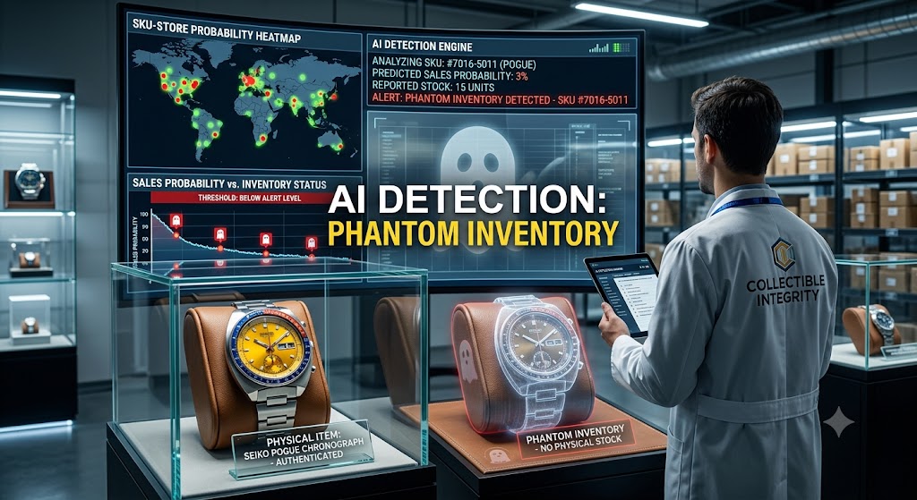An analyst uses a tablet to review AI data screens that flag a missing watch as phantom inventory.