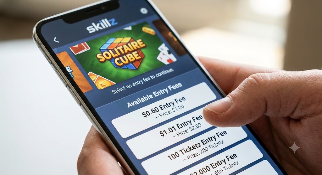 A hand holds a smartphone displaying a Skillz gaming app showing multiple entry fee options like $0.60 and $1.01.