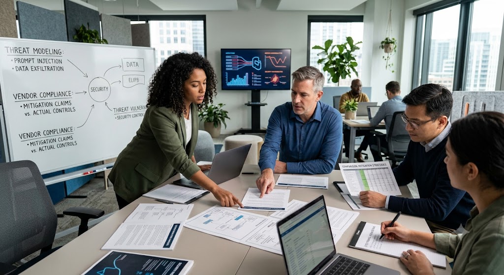 A cybersecurity team in an office reviews documents and whiteboard diagrams for AI threat modeling and compliance.