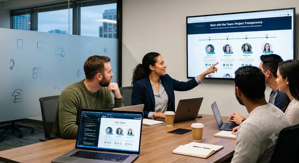 A crypto investment team in a conference room analyzing team background profiles and professional credentials on a screen.
