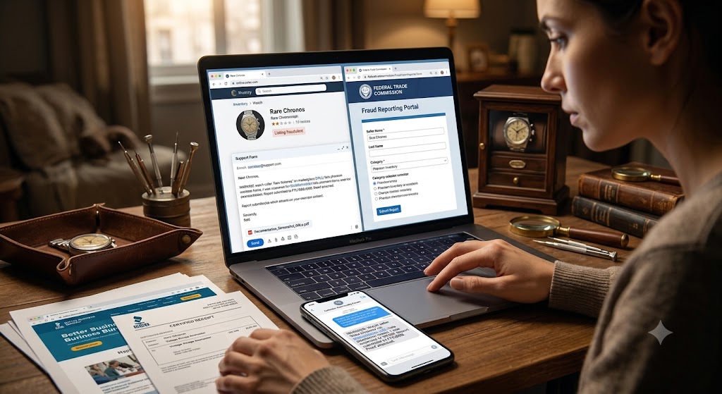 A collector meticulously documents a fraudulent watch listing on their laptop to report it to the FTC and BBB.