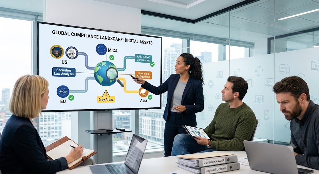 A presentation screen displaying global digital asset compliance, licensing, and securities laws to an office team.
