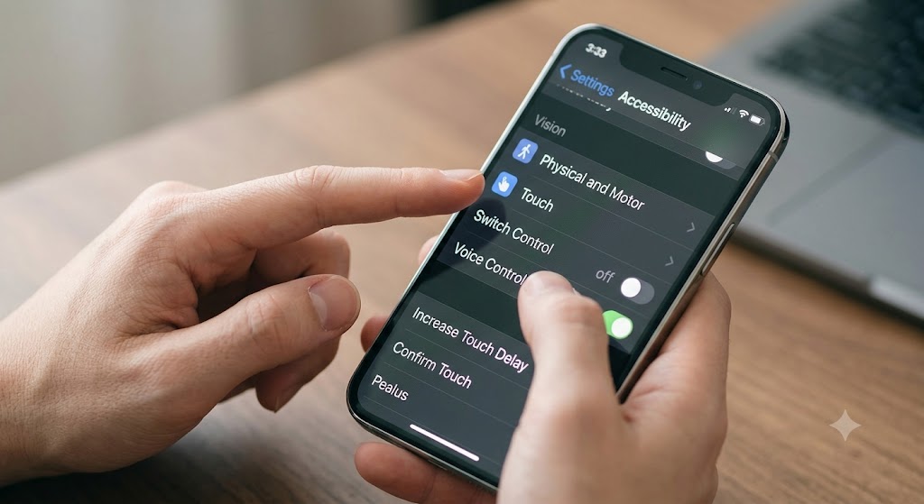 Hands hold a smartphone displaying an iOS accessibility settings menu with touch adjustments on a wooden desk.