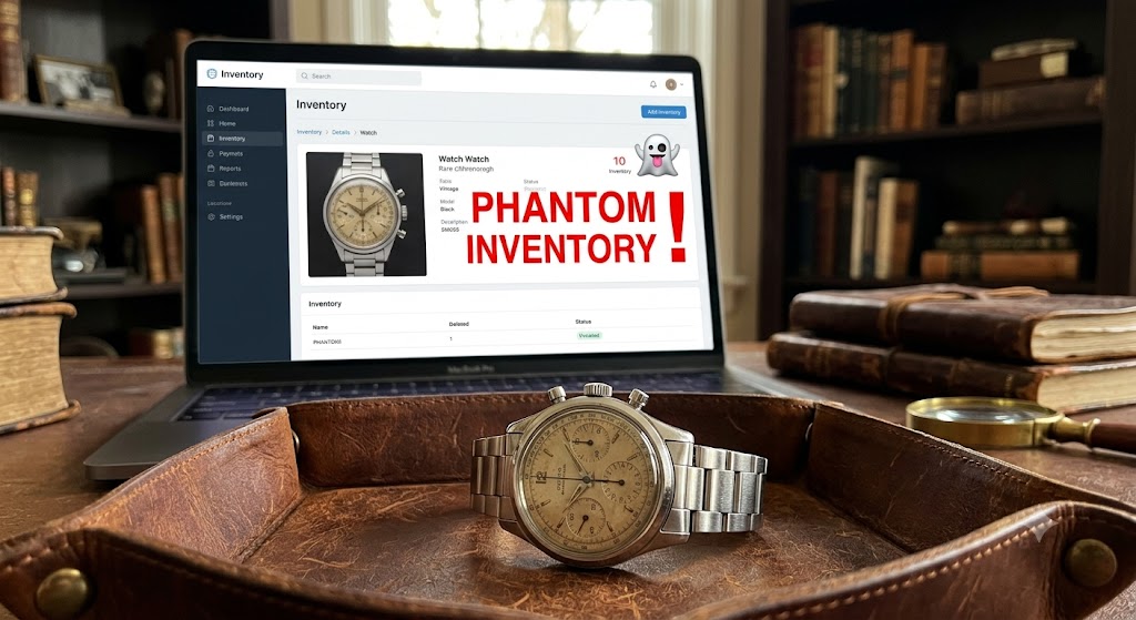 A vintage luxury watch rests on a leather tray in front of a laptop displaying a digital inventory system warning.
