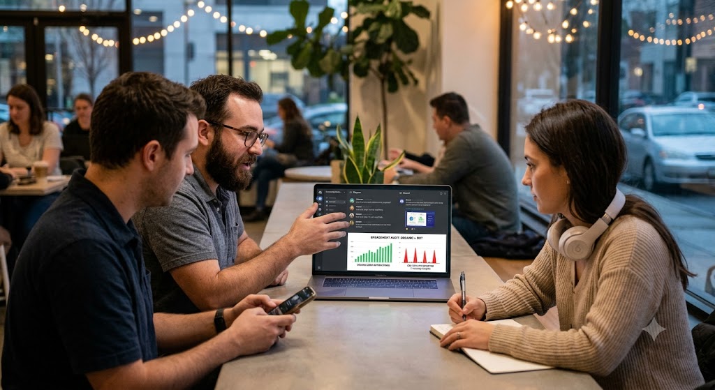 A team in a cafe analyzes a community engagement dashboard on a laptop, comparing real organic growth against bot activity.