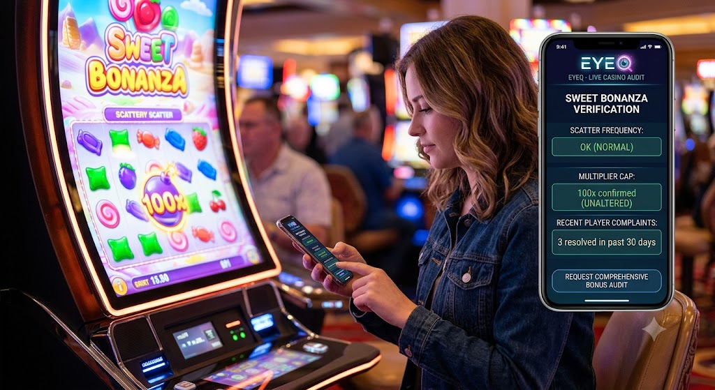 A woman checks "EYEQ - LIVE CASINO AUDIT" on her phone while seated at a "SWEET BONANZA" slot machine in a casino.