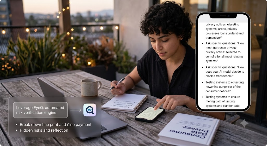A person uses a phone with privacy questions and an EyeQ risks graphic on a patio, taking notes near a Data Privacy book.
