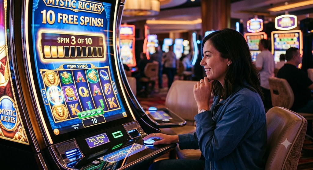 A smiling woman plays a casino slot machine with a bright screen displaying a 10 free spins bonus and progress counter.