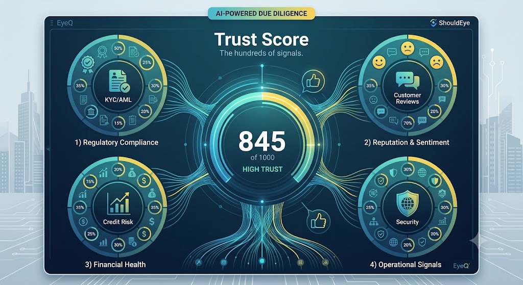 A modern dashboard displaying an AI Trust Score of 845, surrounded by regulatory, sentiment, financial, and security signals.
