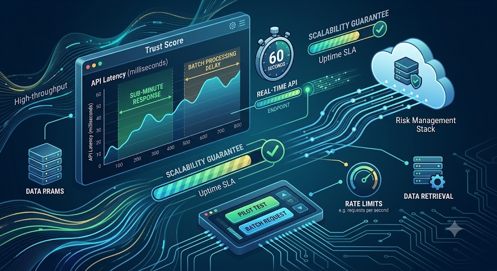 A futuristic dashboard tracks API latency and throughput, guaranteeing data scalability and real-time risk management.