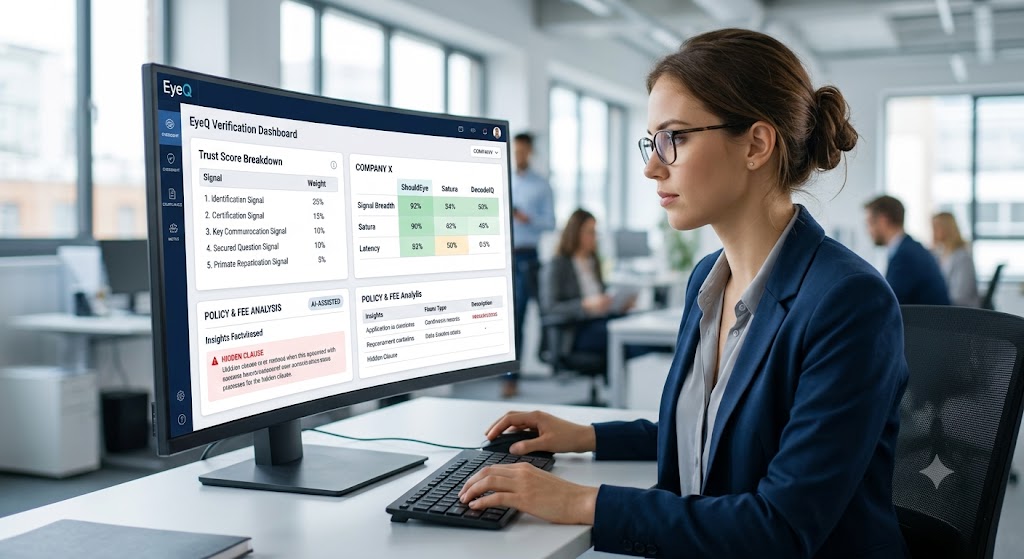 A compliance analyst uses EyeQ to verify trust scores, review signal weights, and compare risk metrics on a monitor.