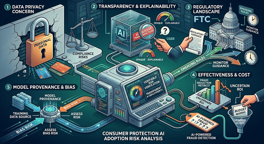 A complex infographic analyzing five key risks of Consumer Protection AI, with a central core processing risks and data.