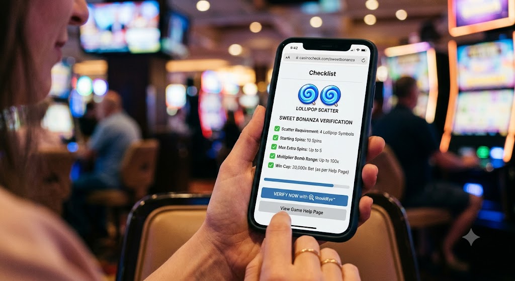 A woman in a casino views a verified checklist for the Sweet Bonanza slot game on her smartphone screen.
