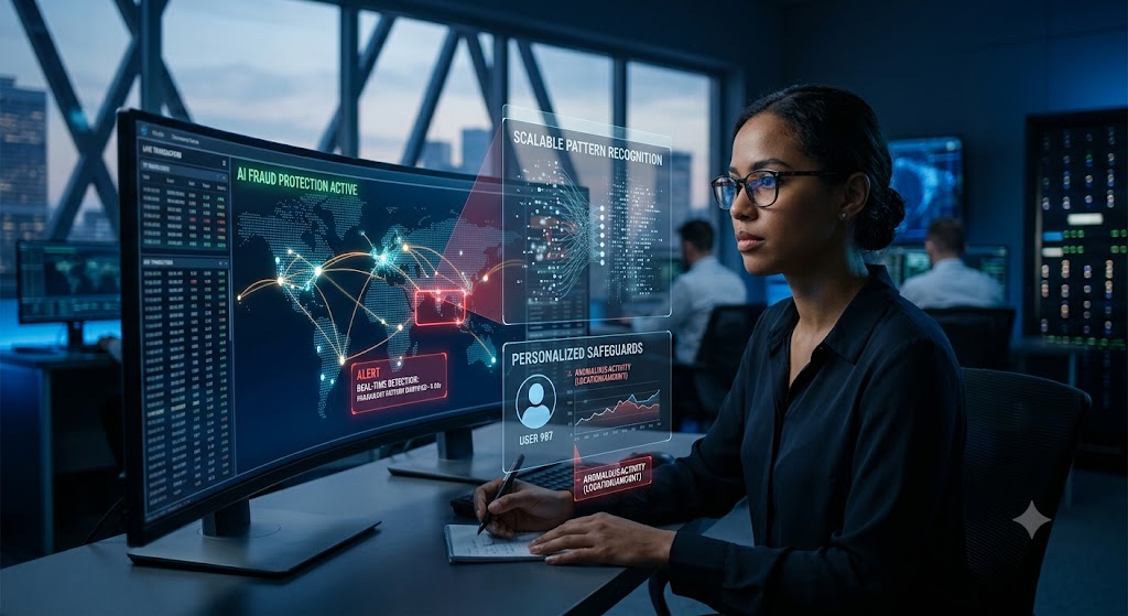 Cybersecurity analyst monitoring an AI fraud protection dashboard displaying real-time detection, global risk maps, and alerts.