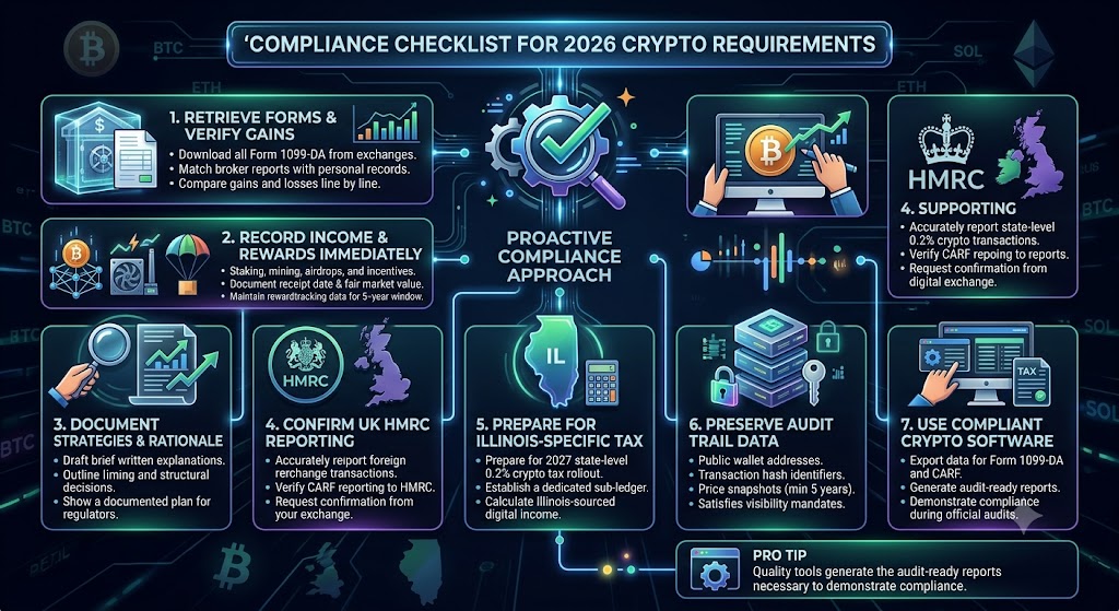 High-tech dark interface infographic detailing a seven-step 2026 crypto tax compliance checklist with icons and charts.