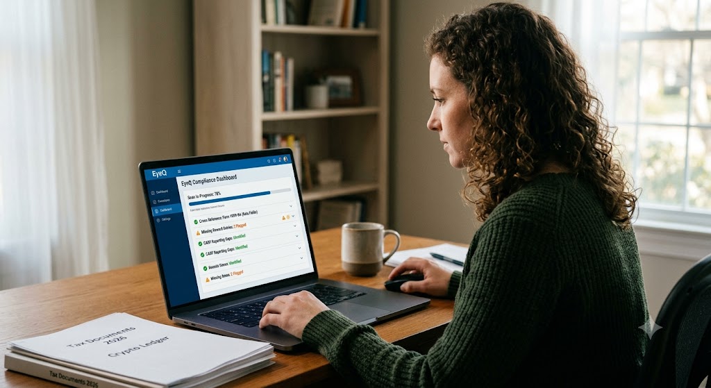 A woman uses a laptop displaying an EyeQ Compliance Dashboard to scan "Tax Documents 2026 Crypto Ledger."