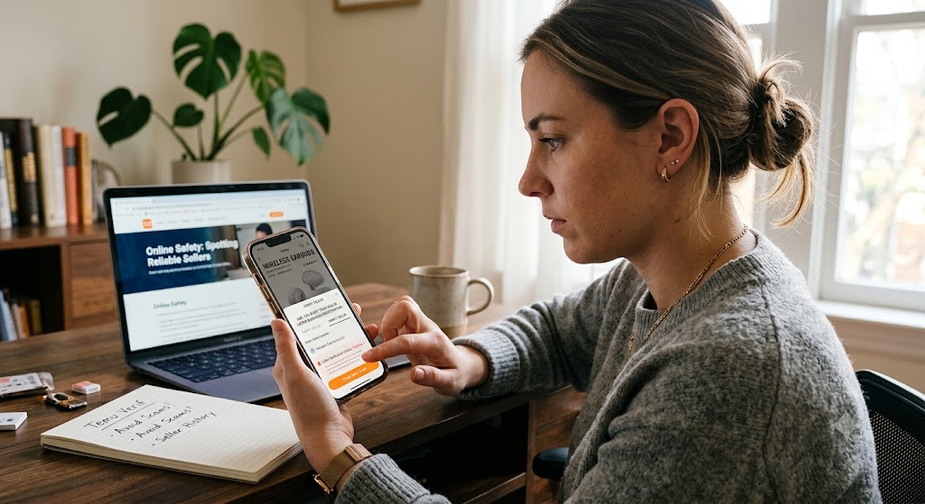 A woman at a desk carefully checks a Temu seller product page on her smartphone while using a laptop for online shopping safety.