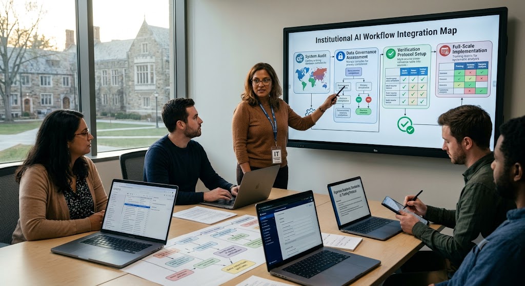 Five people collaborate around a large display mapping "Institutional AI Workflow Integration Map" and using laptops.