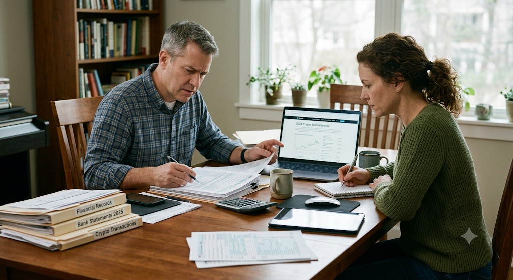 A man and woman review financial records and crypto tax guidelines on a laptop at a table covered with tax forms.