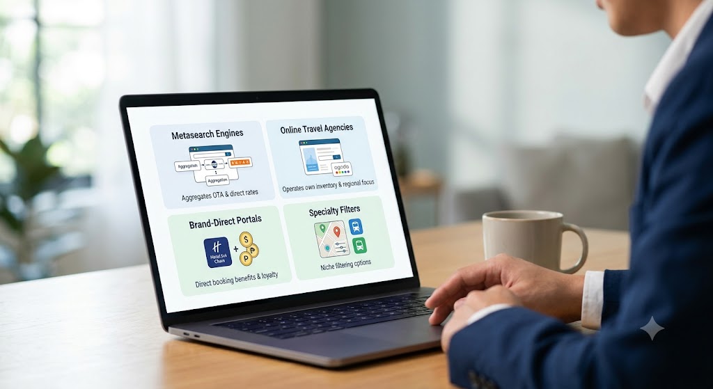 A laptop screen displaying four categories of hotel booking platforms: Metasearch, OTAs, Direct Portals, and Filters.