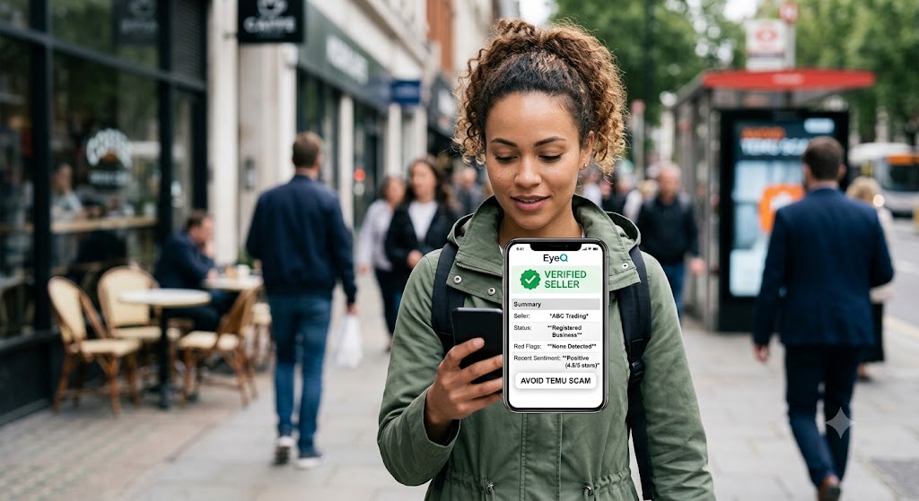 A woman outdoors uses the EyeQ mobile app to instantly verify a Temu seller's credentials and avoid scams on the go.