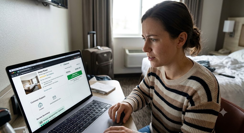 Woman looking skeptically at a hotel booking webpage on her laptop, displaying a total price and chatbot support icon.