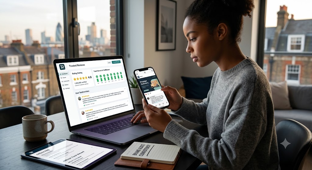 A consumer uses multiple devices to inspect company data disclosures, corporate claims, and public audit records.