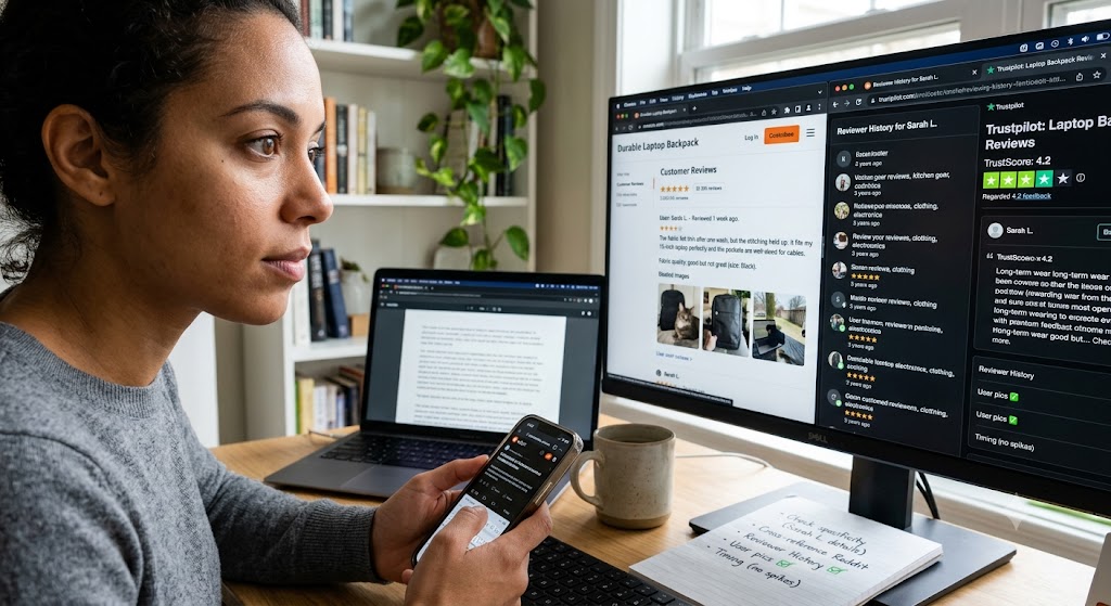 Woman cross-referencing online reviews, photos, and reviewer history across multiple computer screens and smartphone.