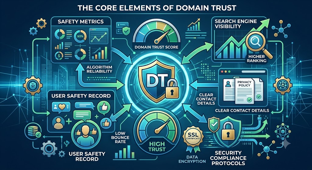 Infographic on Domain Trust elements showing SSL security, low bounce rates, high trust scores, and search visibility.