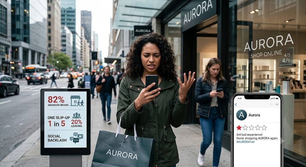 A customer on a city street vents her frustration with a brand on her phone, alongside statistics on the impact of poor experiences.