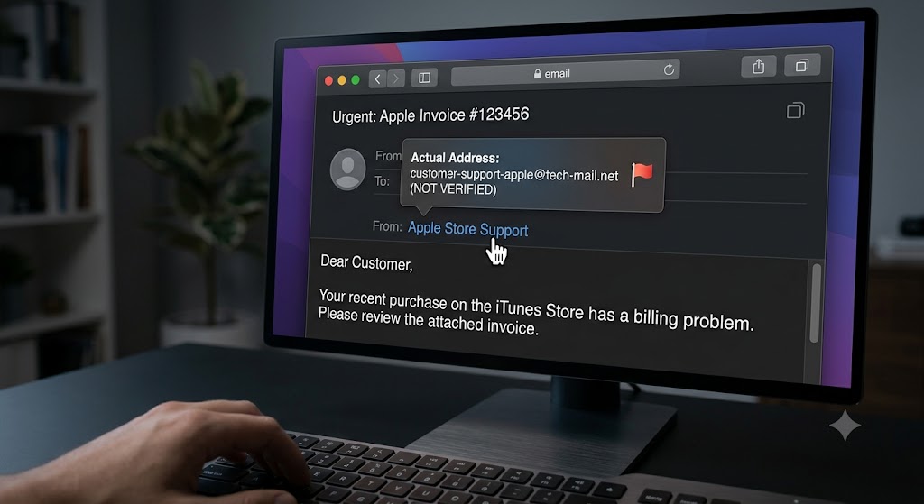 An email client on a desktop screen, with a mouse cursor hovering over 'Apple Store Support', displaying a tooltip revealing a fake email address and a red flag icon.
