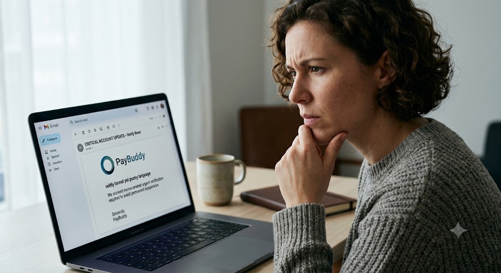 A woman rests her chin on her hand, looking skeptically at a suspicious account update email displayed on her laptop.