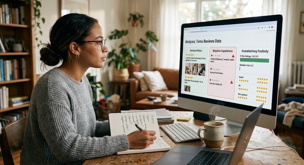 Woman analyzing Temu reviews data on a computer screen, with sections for praise, negative feedback, and ratings, while taking notes.