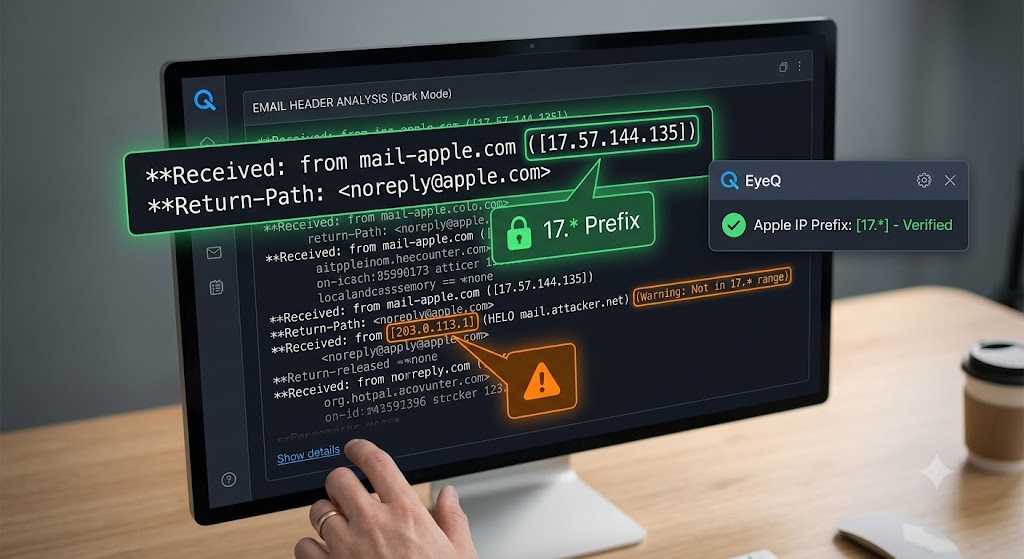 A computer screen analyzes an email header. Text shows a green 17.* IP prefix verified by EyeQ, while a red box warns of an unknown IP.